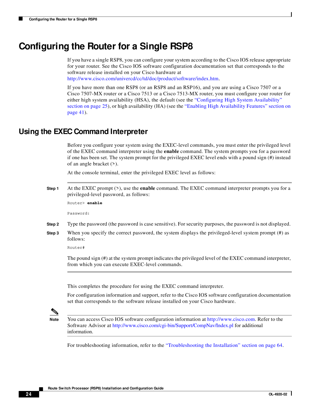 Cisco Systems manual Configuring the Router for a Single RSP8, Using the Exec Command Interpreter 