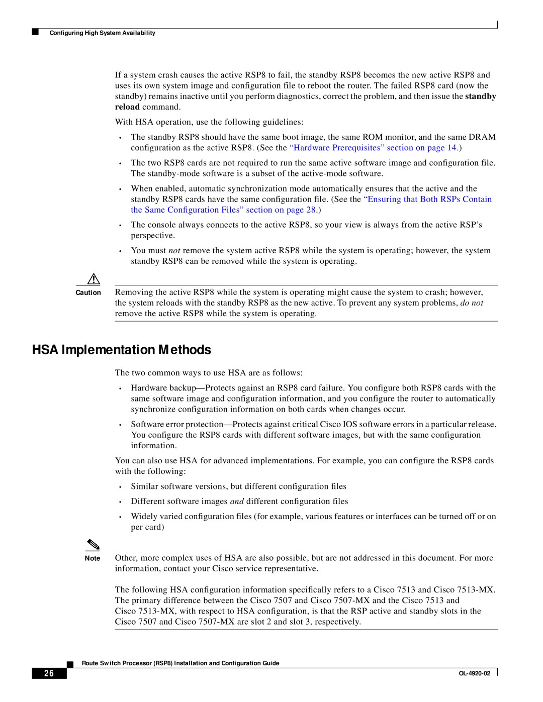 Cisco Systems RSP8 manual HSA Implementation Methods 