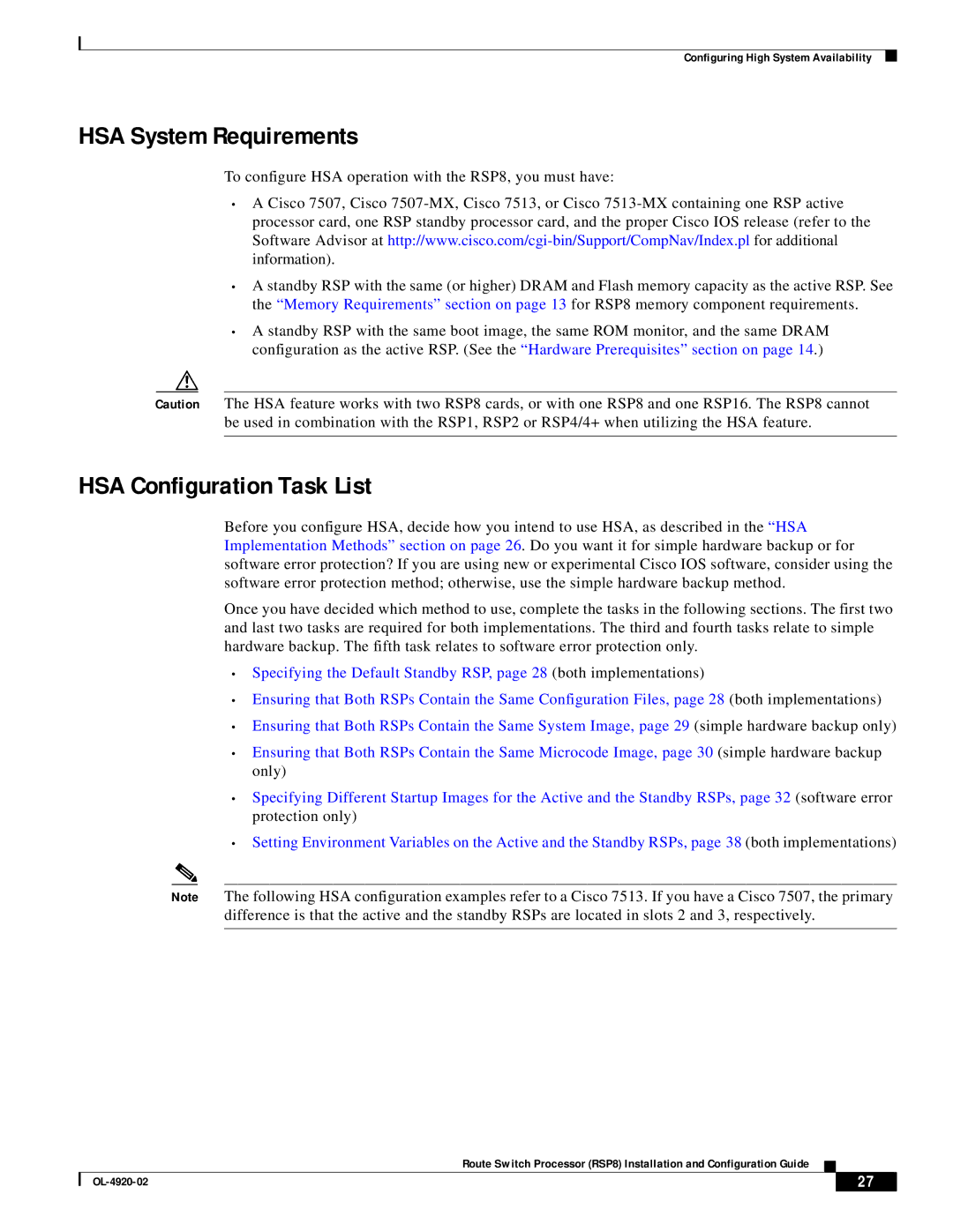 Cisco Systems RSP8 manual HSA System Requirements, HSA Configuration Task List 