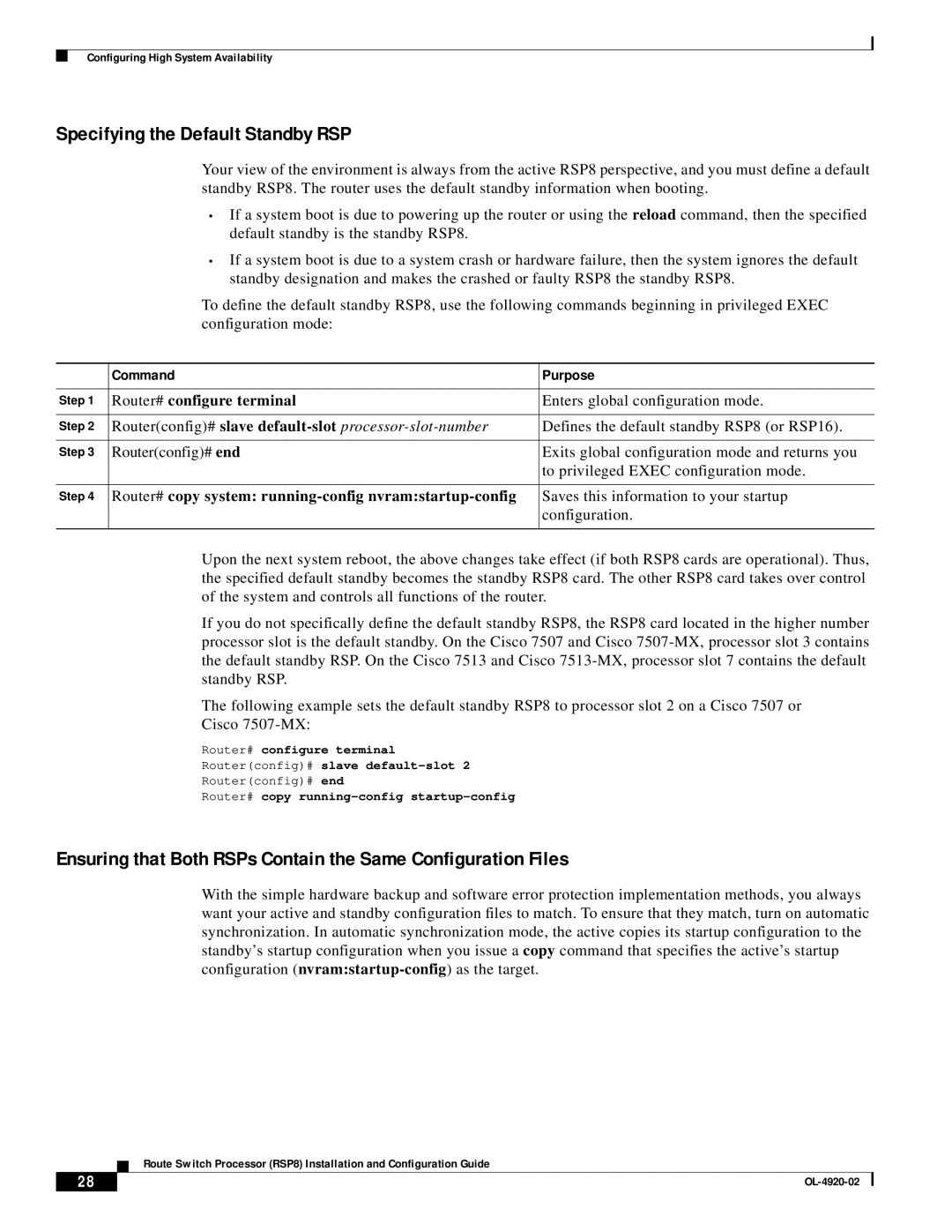 Cisco Systems RSP8 manual Specifying the Default Standby RSP, Command Purpose, Router# configure terminal 