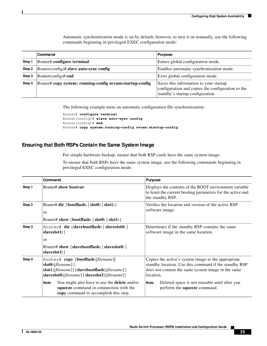 Cisco Systems RSP8 manual Ensuring that Both RSPs Contain the Same System Image 