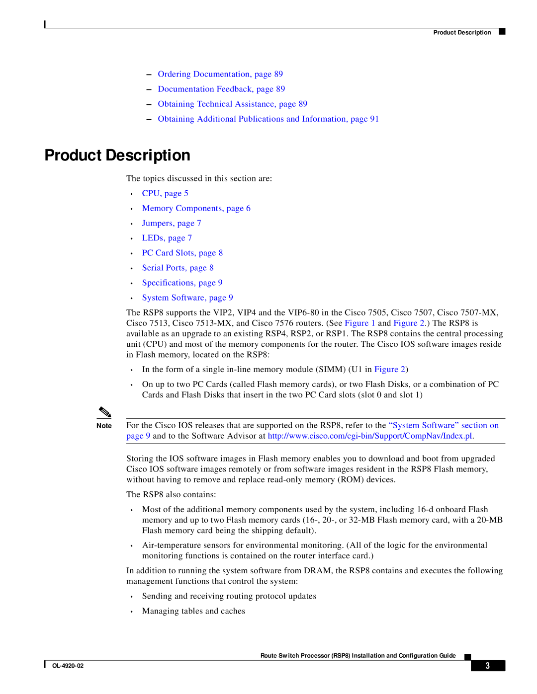 Cisco Systems RSP8 manual Product Description, Topics discussed in this section are 