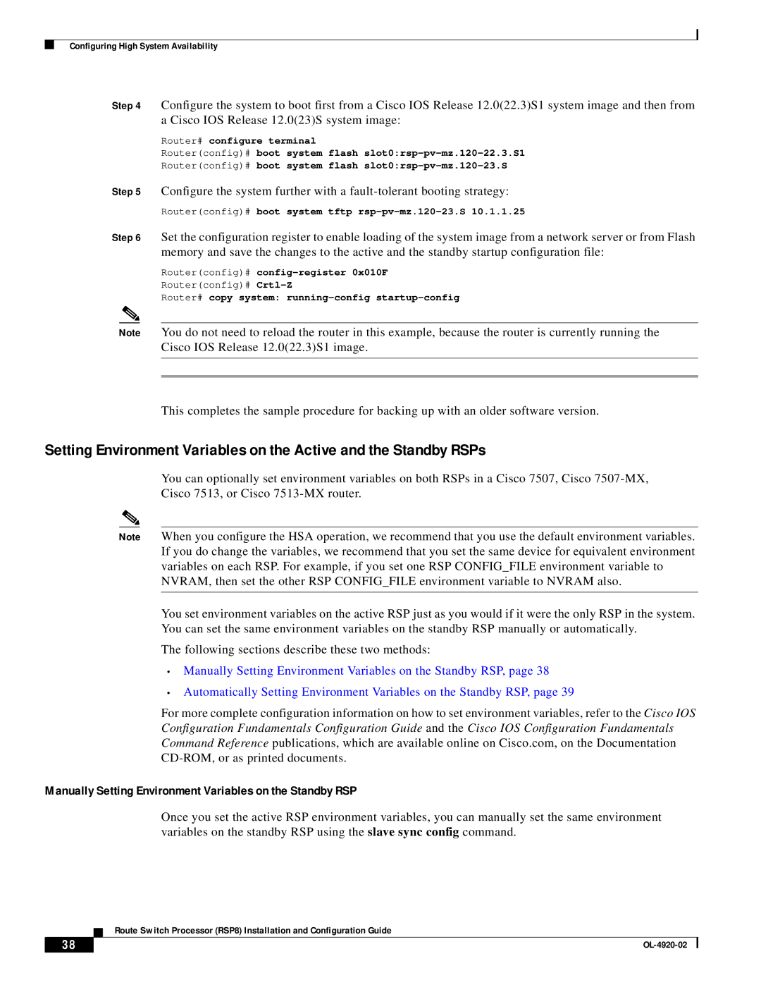 Cisco Systems RSP8 manual Manually Setting Environment Variables on the Standby RSP 