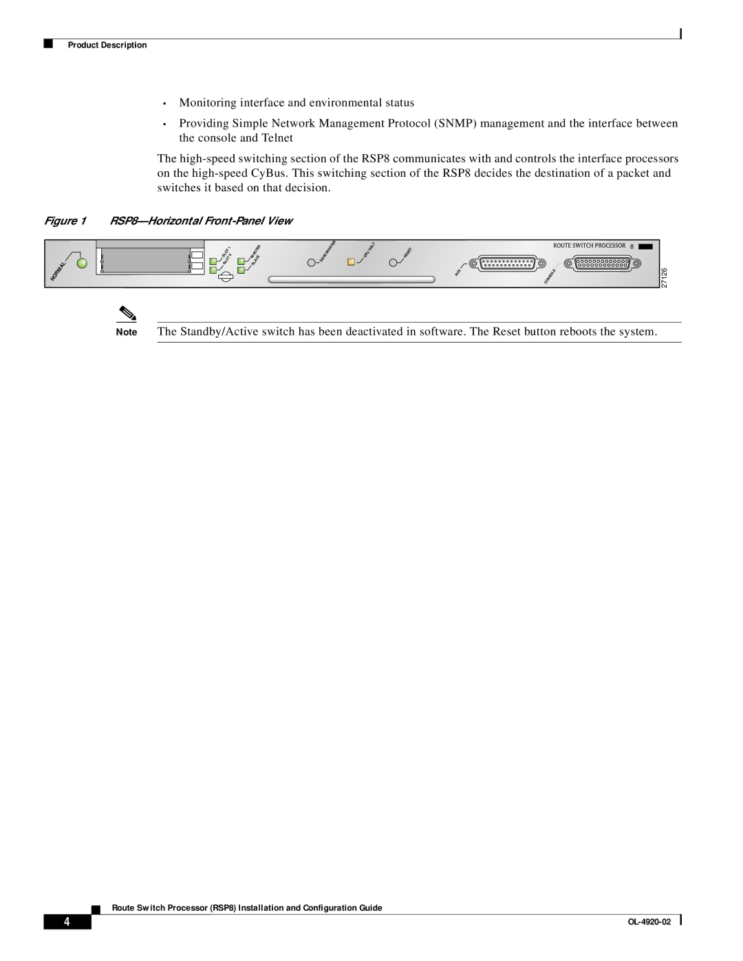 Cisco Systems manual Monitoring interface and environmental status, RSP8-Horizontal Front-Panel View 