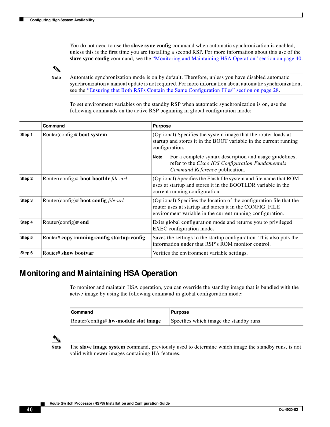 Cisco Systems RSP8 manual Monitoring and Maintaining HSA Operation, Information under that RSP’s ROM monitor control 