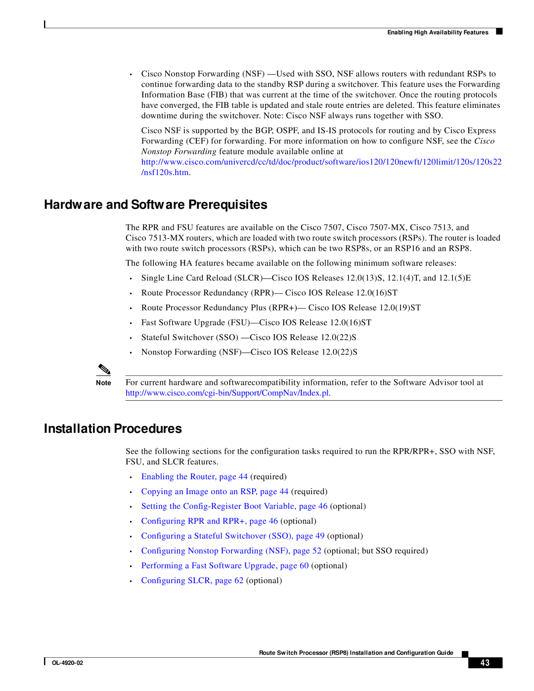 Cisco Systems RSP8 manual Hardware and Software Prerequisites, Installation Procedures 