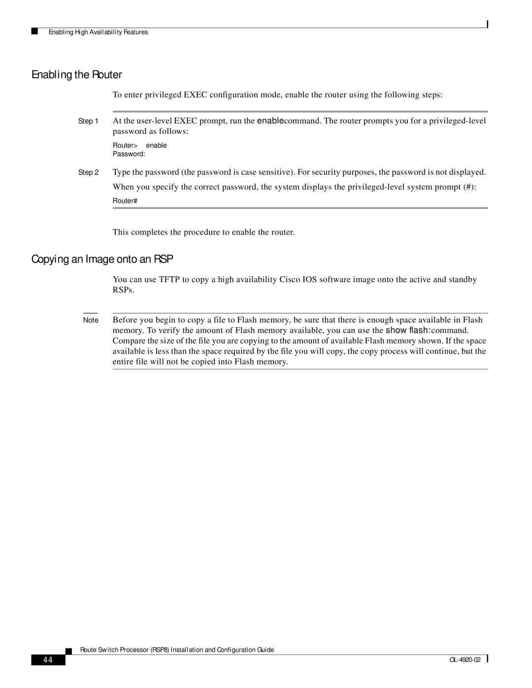 Cisco Systems RSP8 Enabling the Router, Copying an Image onto an RSP, This completes the procedure to enable the router 