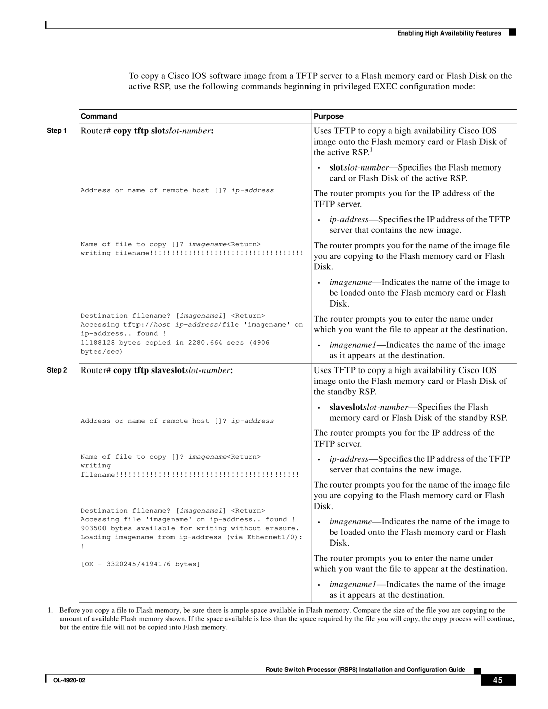 Cisco Systems RSP8 manual Router# copy tftp slot slot-number, Router# copy tftp slaveslot slot-number 