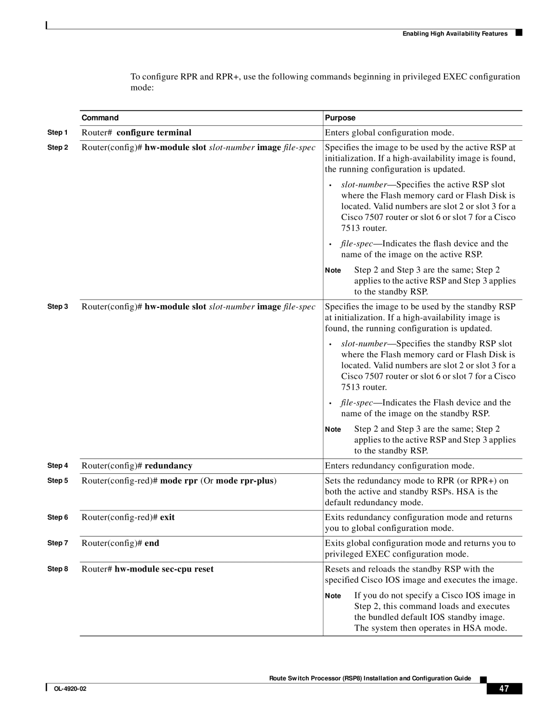 Cisco Systems RSP8 manual Routerconfig# hw-module slot slot-numberimage file-spec, Router# hw-module sec-cpu reset 