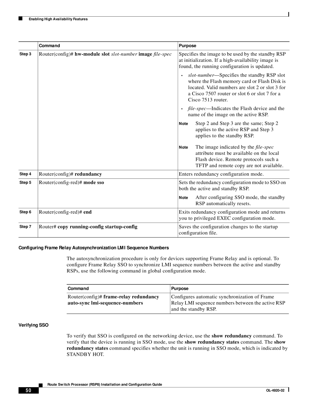 Cisco Systems RSP8 manual Verifying SSO, Saves the configuration changes to the startup, Configuration file 