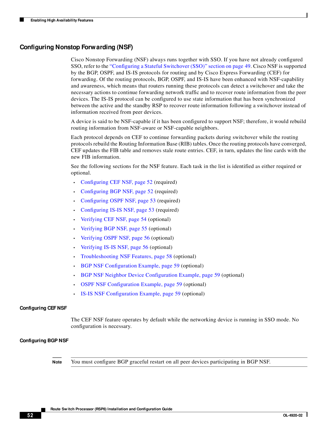 Cisco Systems RSP8 manual Configuring Nonstop Forwarding NSF, Configuring CEF NSF, Configuring BGP NSF 