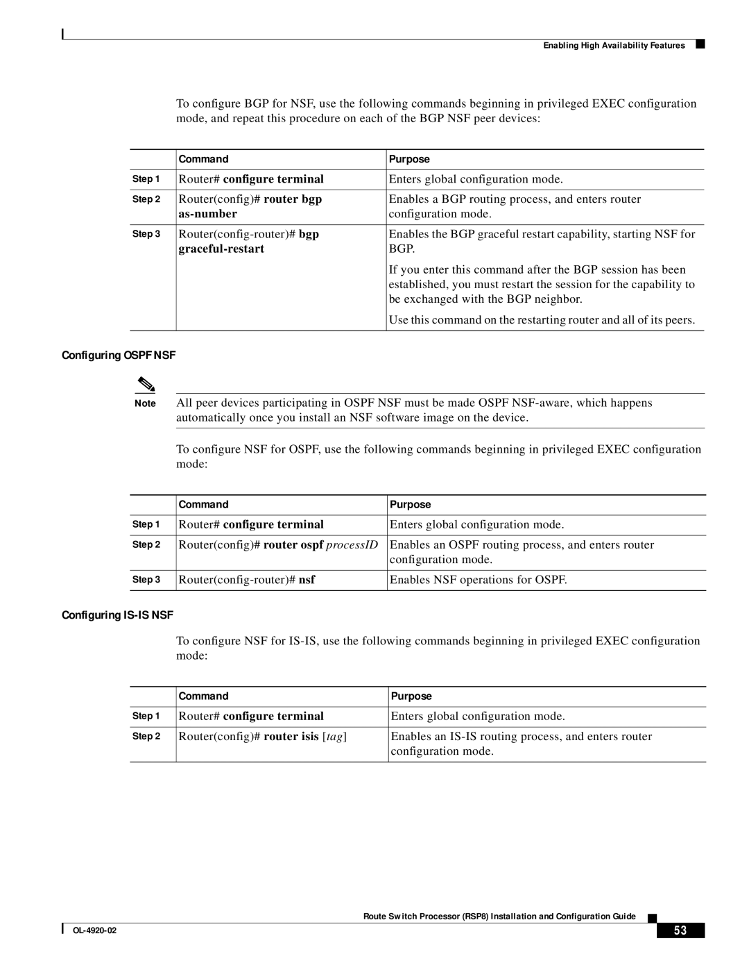 Cisco Systems RSP8 manual Configuring Ospf NSF, Configuring IS-IS NSF, As-number, Graceful-restart 