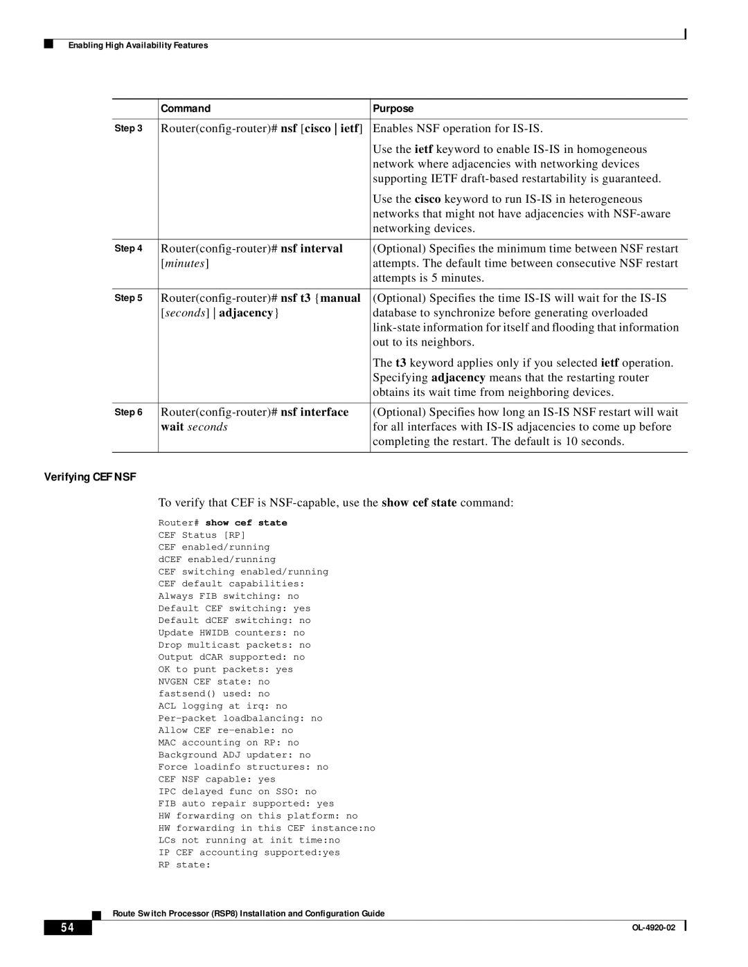 Cisco Systems RSP8 manual Verifying CEF NSF, Seconds adjacency 