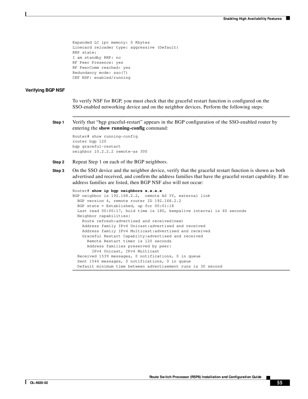 Cisco Systems RSP8 manual Verifying BGP NSF, Router# show ip bgp neighbors 