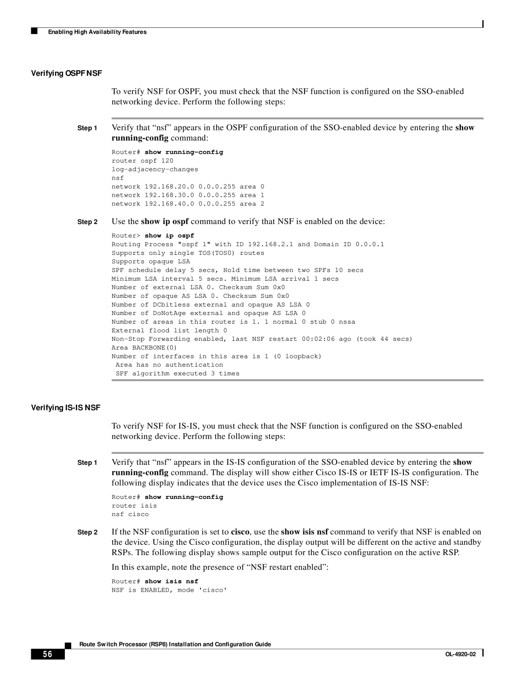 Cisco Systems RSP8 manual Verifying Ospf NSF, Verifying IS-IS NSF, Running-config command 