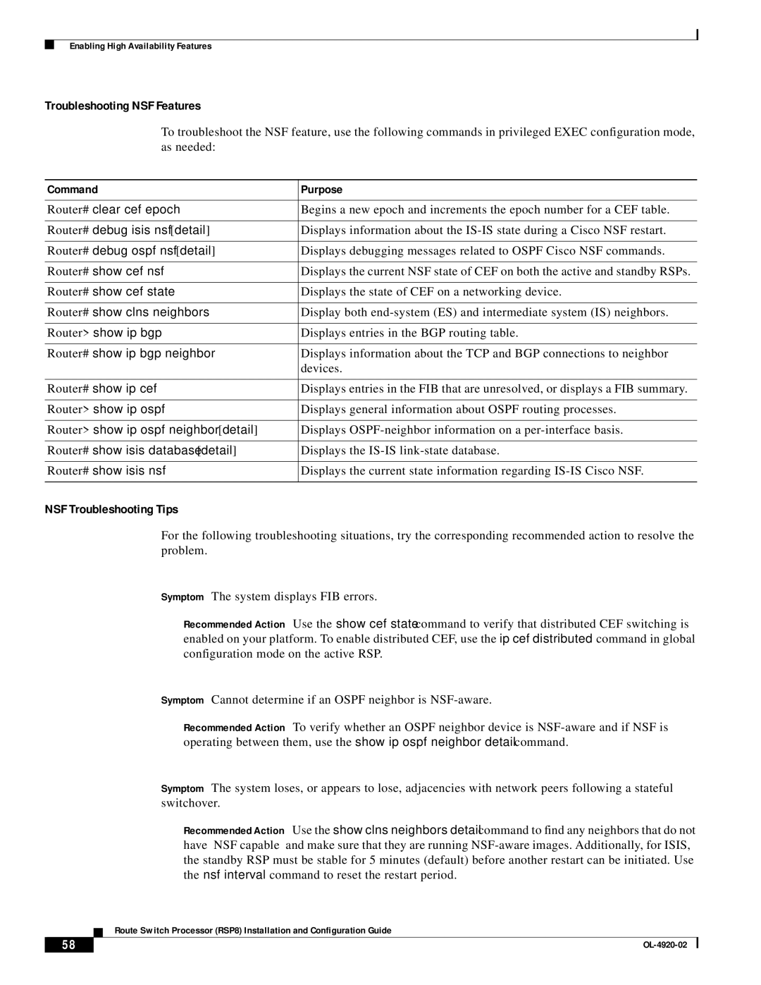 Cisco Systems RSP8 manual Troubleshooting NSF Features, NSF Troubleshooting Tips 