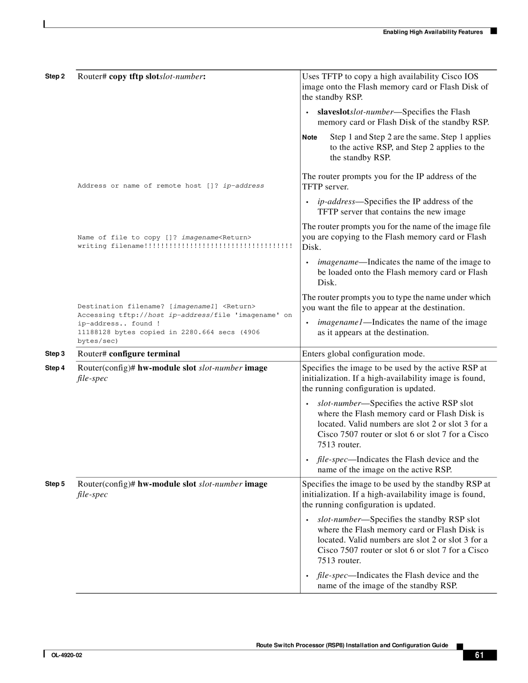 Cisco Systems RSP8 Routerconfig# hw-module slot slot-number image, Specifies the image to be used by the standby RSP at 