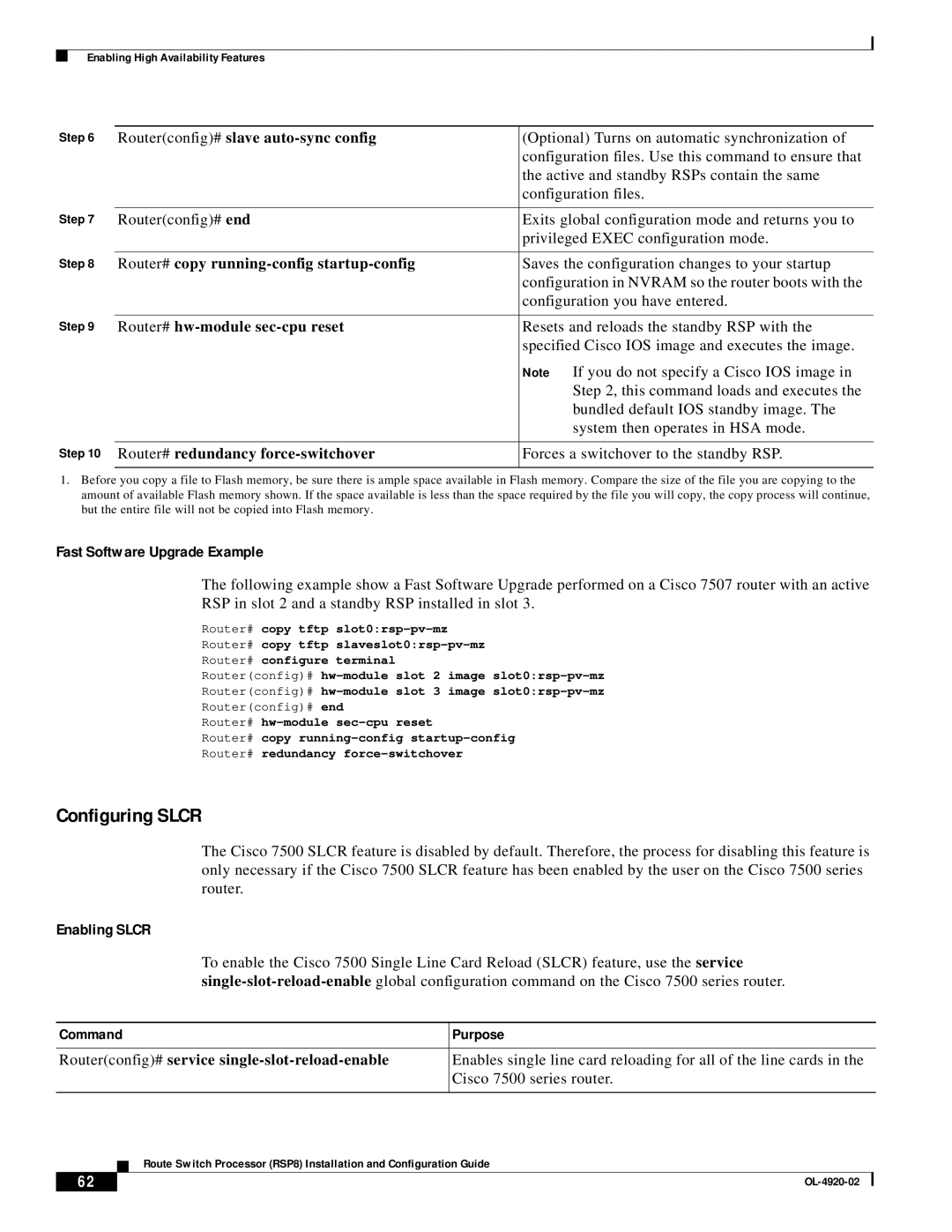 Cisco Systems RSP8 Configuring Slcr, Fast Software Upgrade Example, Enabling Slcr, Router# redundancy force-switchover 