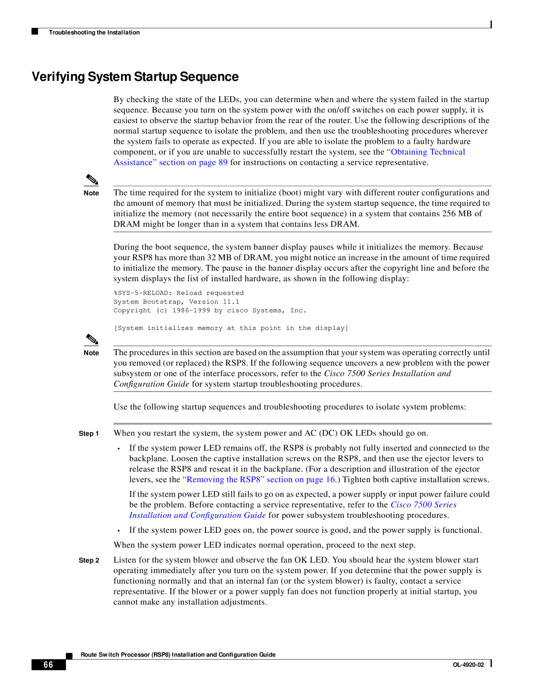 Cisco Systems RSP8 manual Verifying System Startup Sequence 