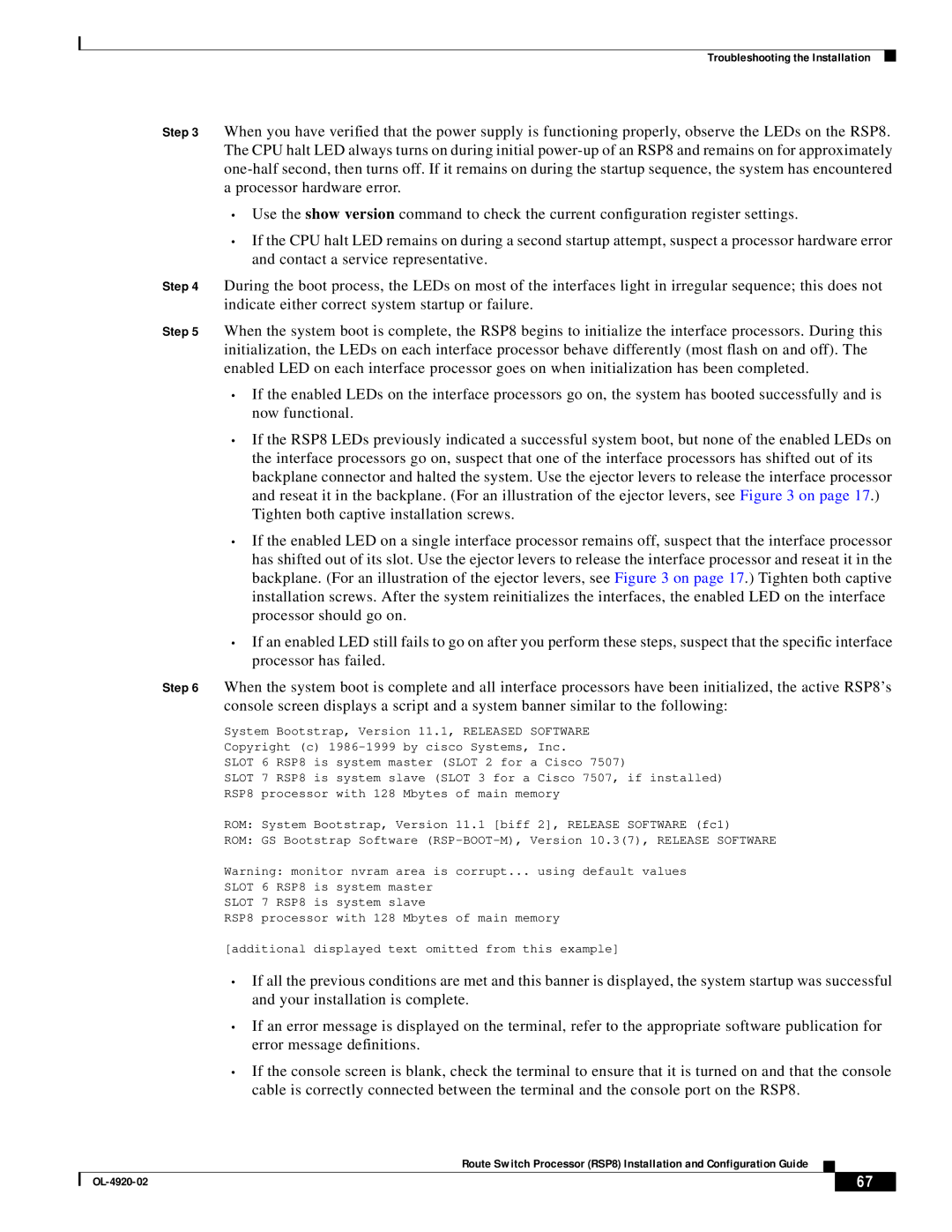 Cisco Systems RSP8 manual Troubleshooting the Installation 