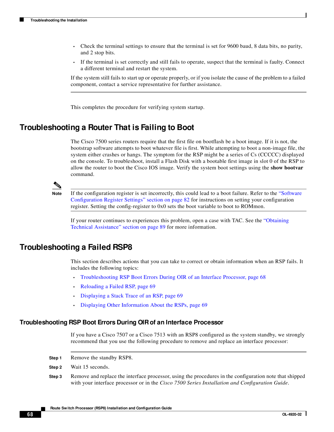 Cisco Systems manual Troubleshooting a Router That is Failing to Boot, Troubleshooting a Failed RSP8 