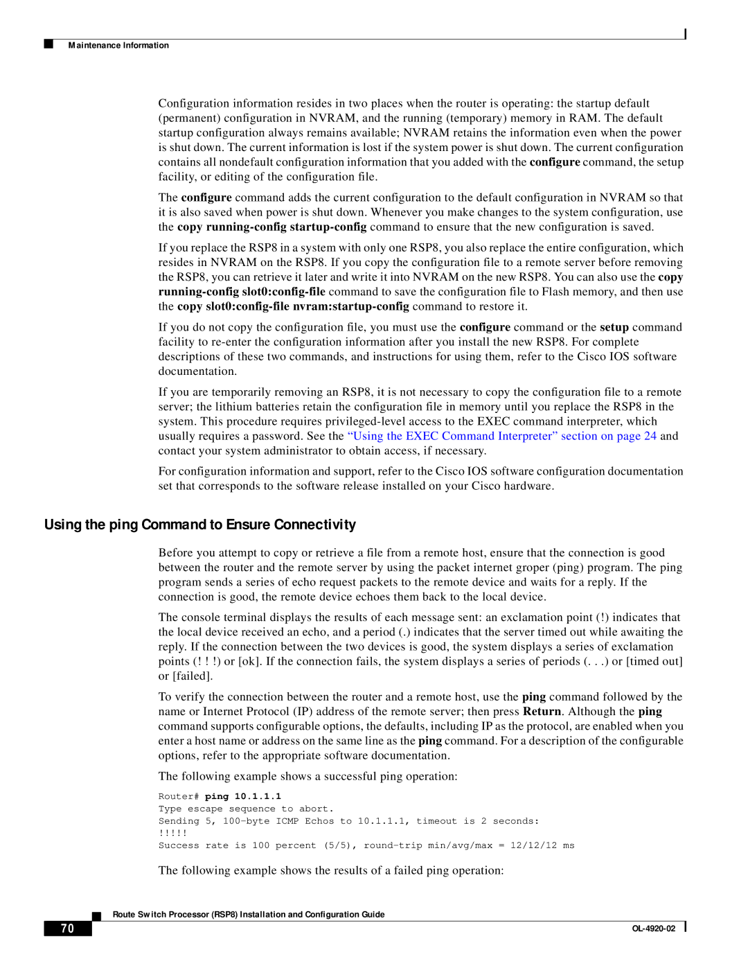 Cisco Systems RSP8 manual Using the ping Command to Ensure Connectivity, Router# ping 