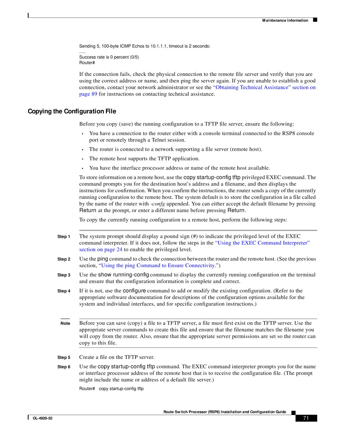 Cisco Systems RSP8 Copying the Configuration File, Section on page 24 to enable the privileged level, Copy to this file 