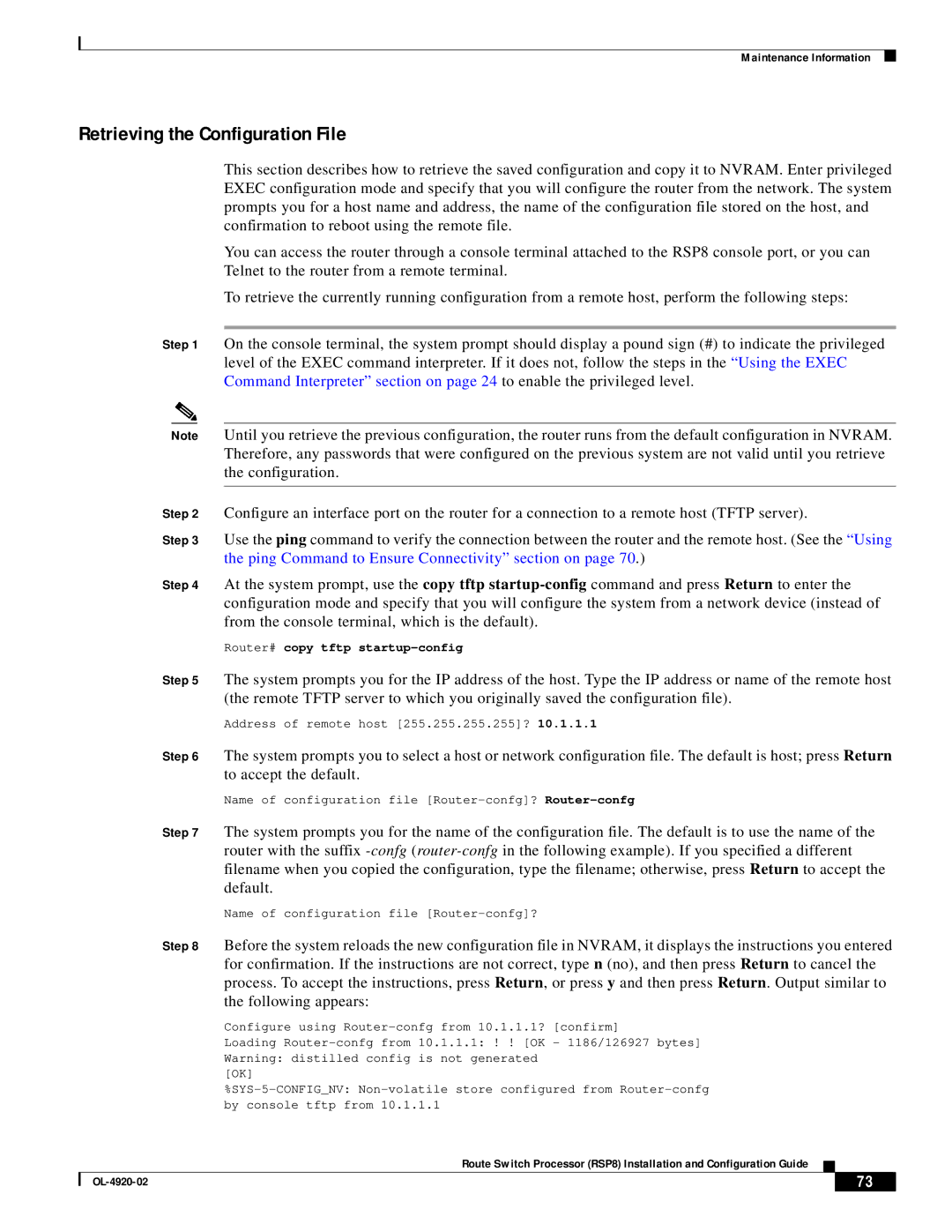 Cisco Systems RSP8 manual Retrieving the Configuration File 