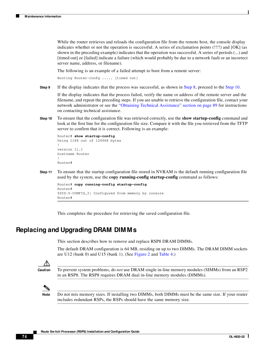 Cisco Systems RSP8 manual Replacing and Upgrading Dram DIMMs, Router# copy running-config startup-config 