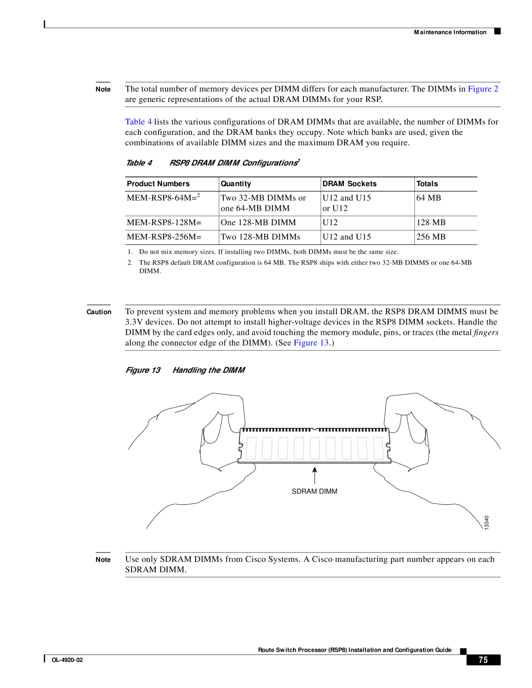 Cisco Systems RSP8 manual Product Numbers Quantity Dram Sockets Totals, Sdram Dimm 