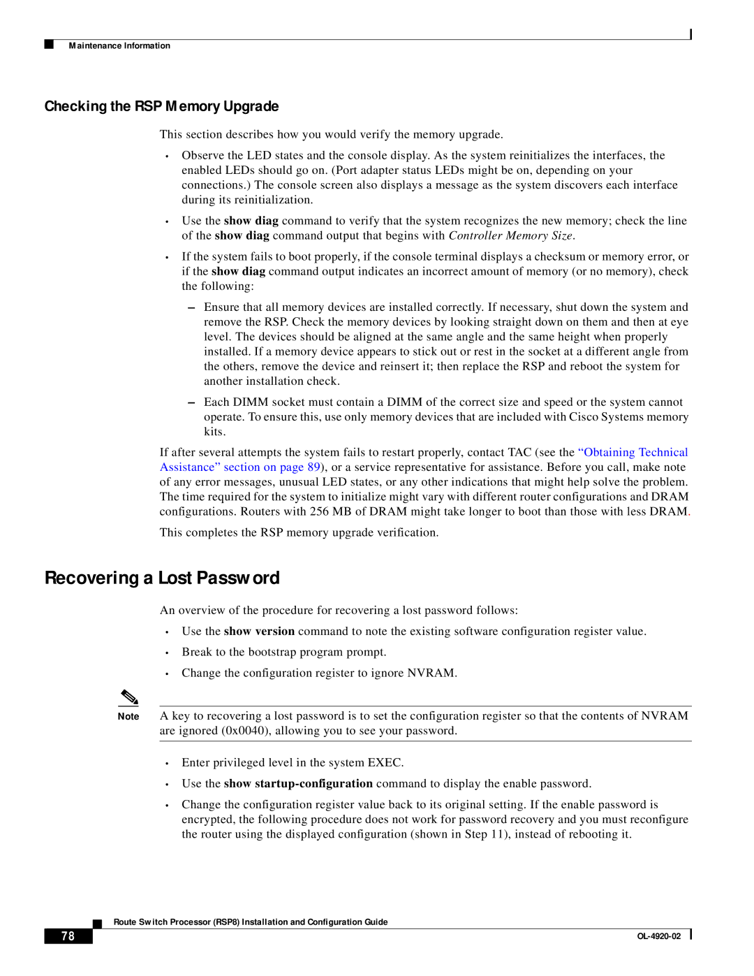 Cisco Systems RSP8 manual Recovering a Lost Password, Checking the RSP Memory Upgrade 