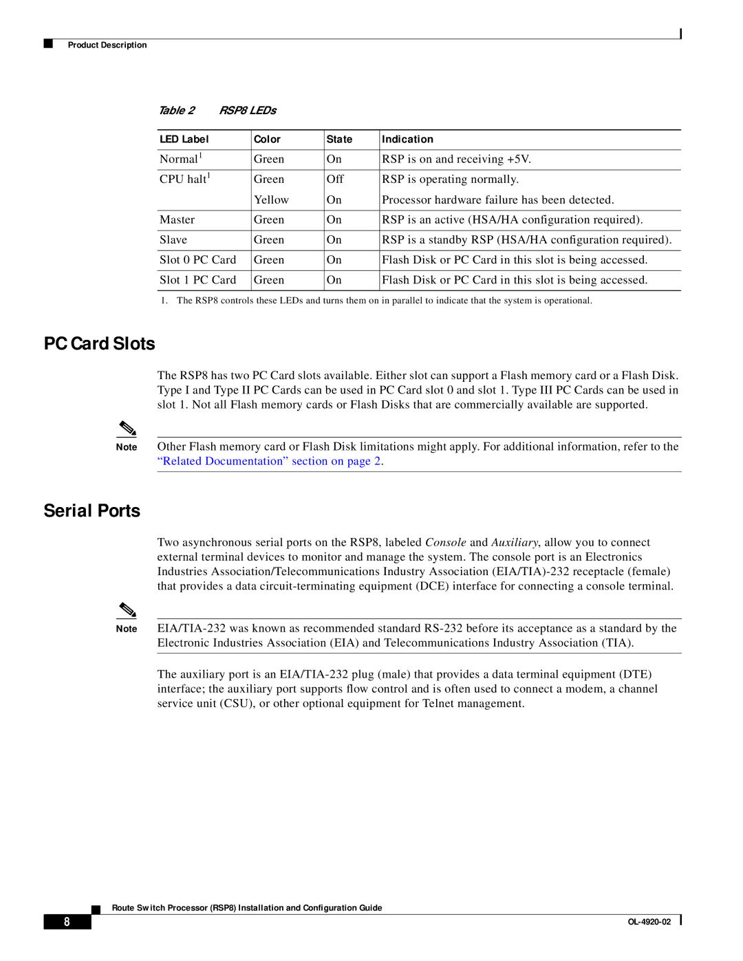 Cisco Systems RSP8 manual PC Card Slots, Serial Ports, LED Label Color State Indication 