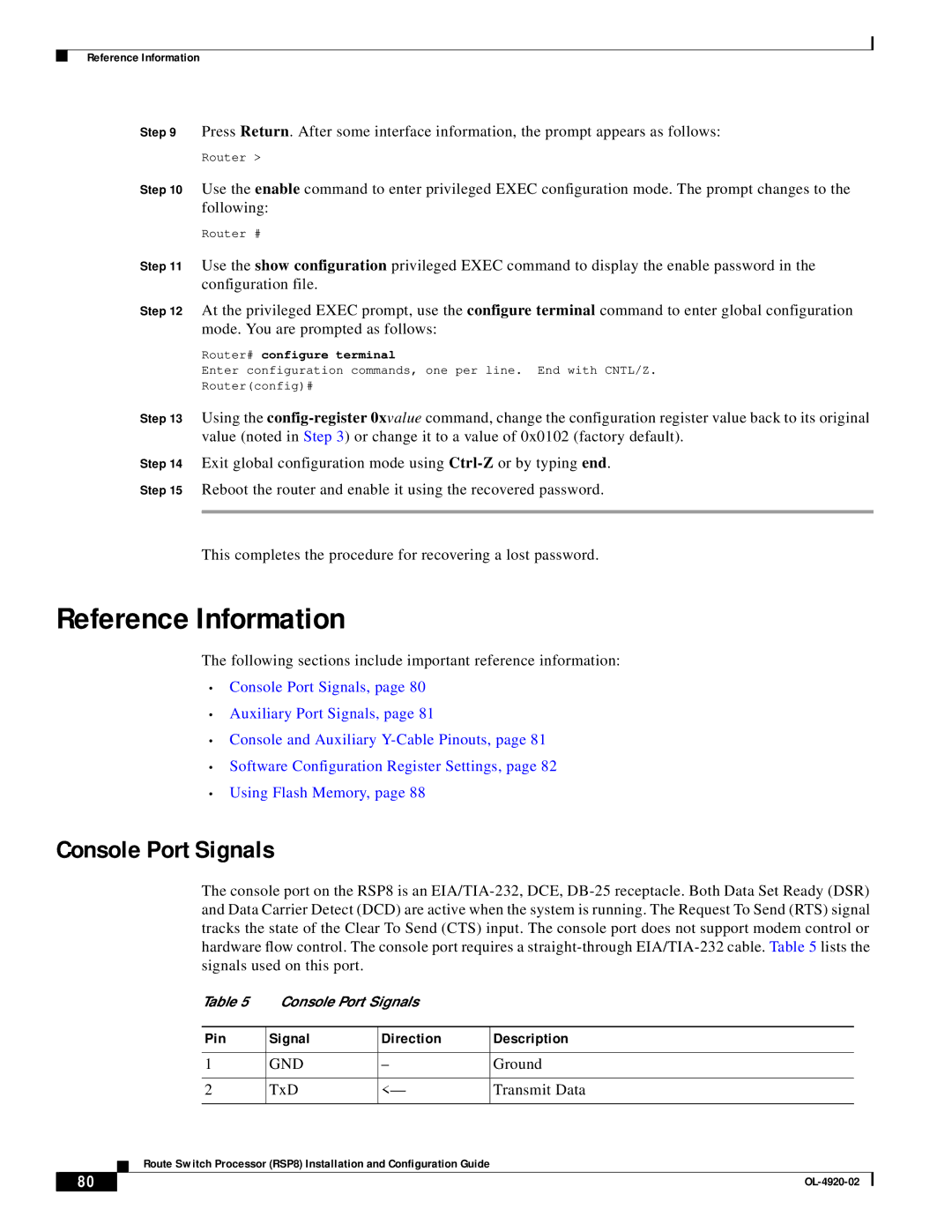 Cisco Systems RSP8 manual Reference Information, Console Port Signals, Pin Signal Direction Description 