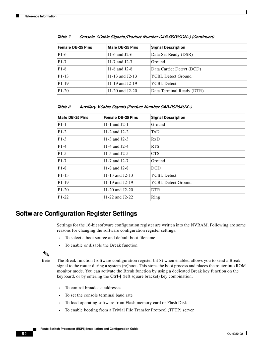 Cisco Systems RSP8 manual Software Configuration Register Settings, Male DB-25 Pins Female DB-25 Pins Signal Description 