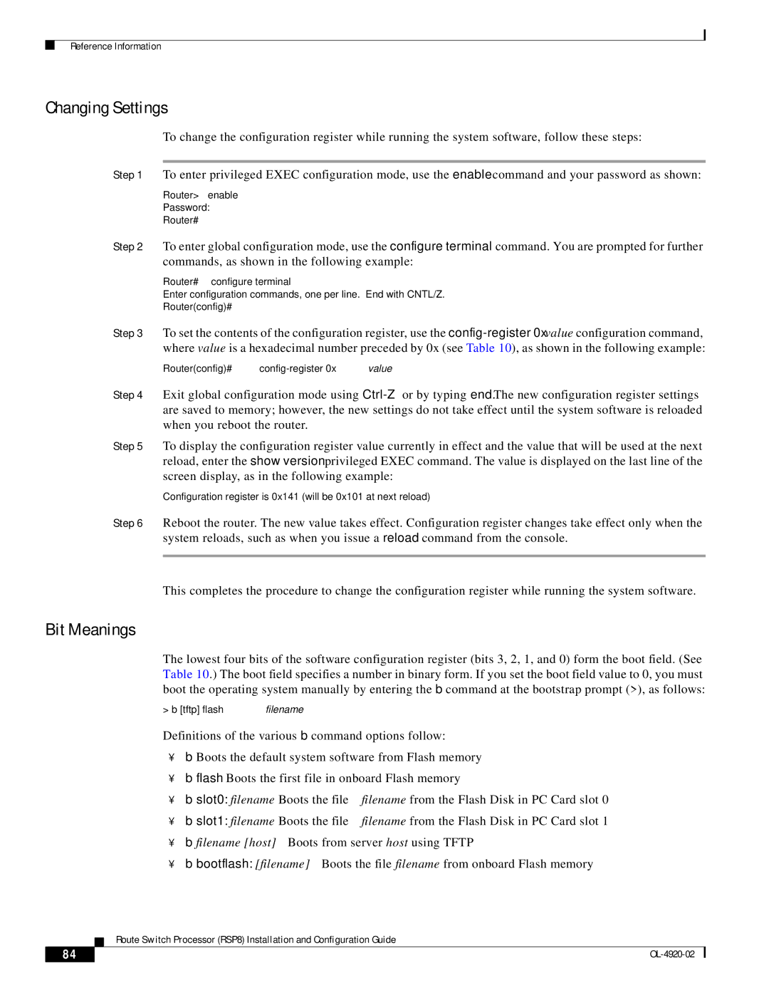 Cisco Systems RSP8 manual Changing Settings, Bit Meanings, Routerconfig# config-register 0xvalue, Tftp flash filename 