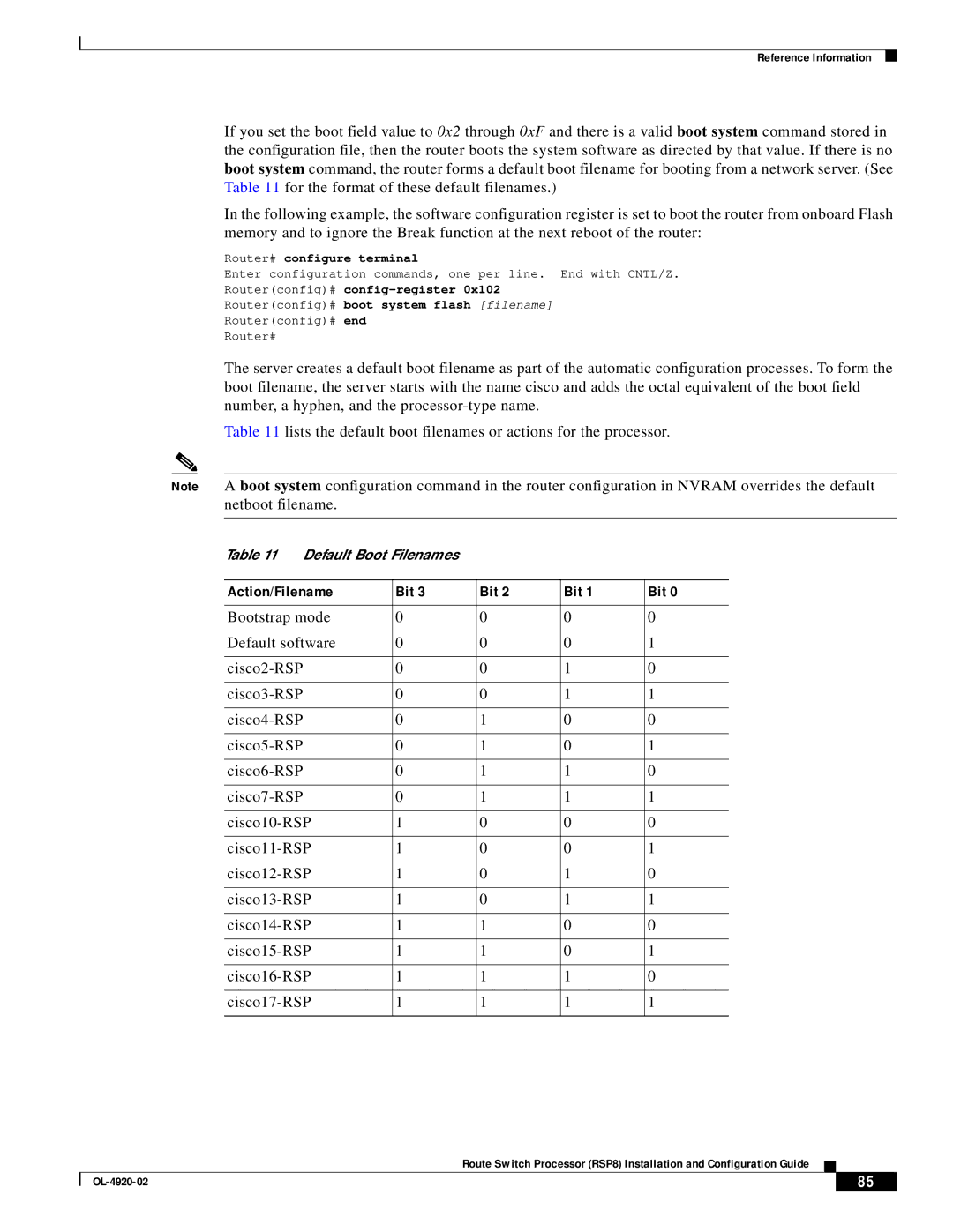 Cisco Systems RSP8 manual Action/Filename Bit 