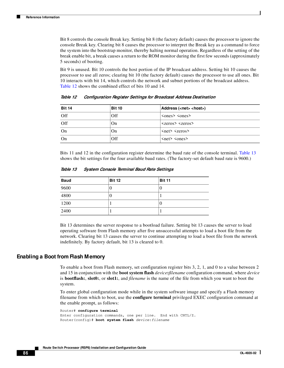 Cisco Systems RSP8 manual Enabling a Boot from Flash Memory, Bit Address net host, Baud Bit 