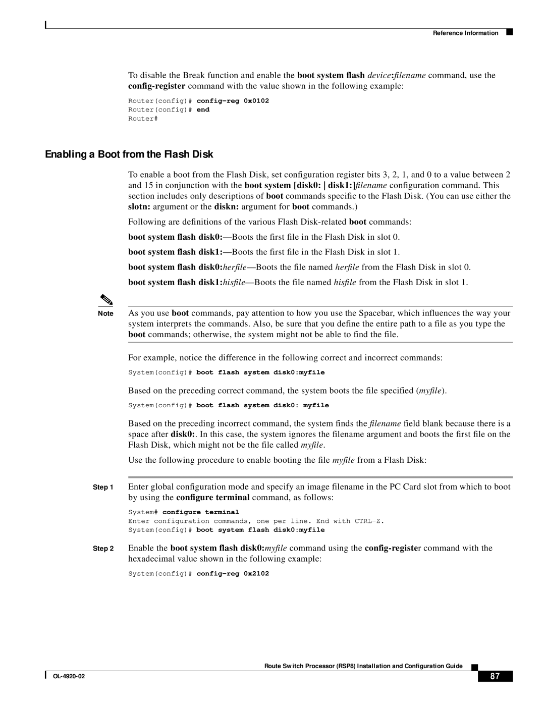 Cisco Systems RSP8 manual Enabling a Boot from the Flash Disk 