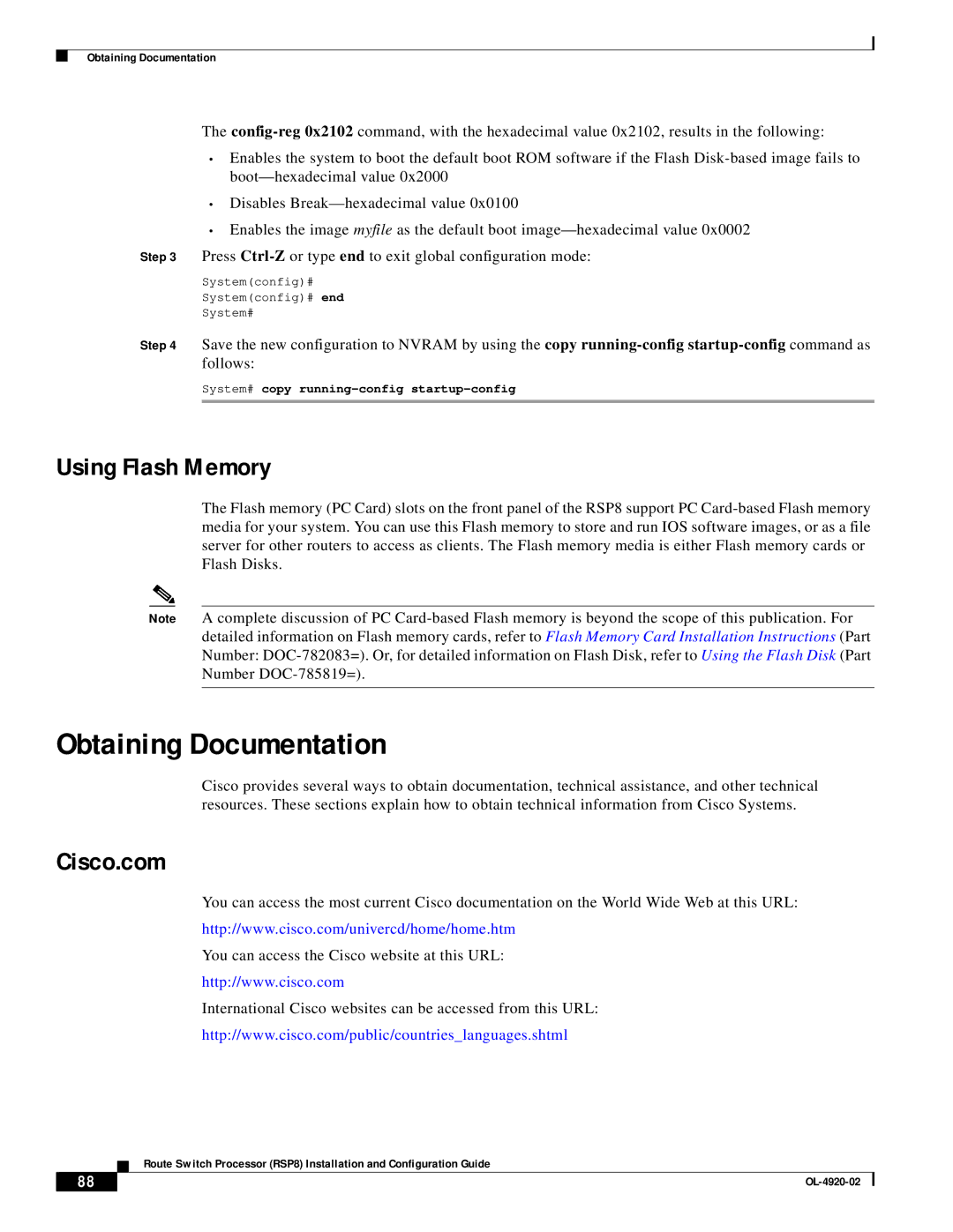 Cisco Systems RSP8 Obtaining Documentation, Using Flash Memory, Cisco.com, System# copy running-config startup-config 