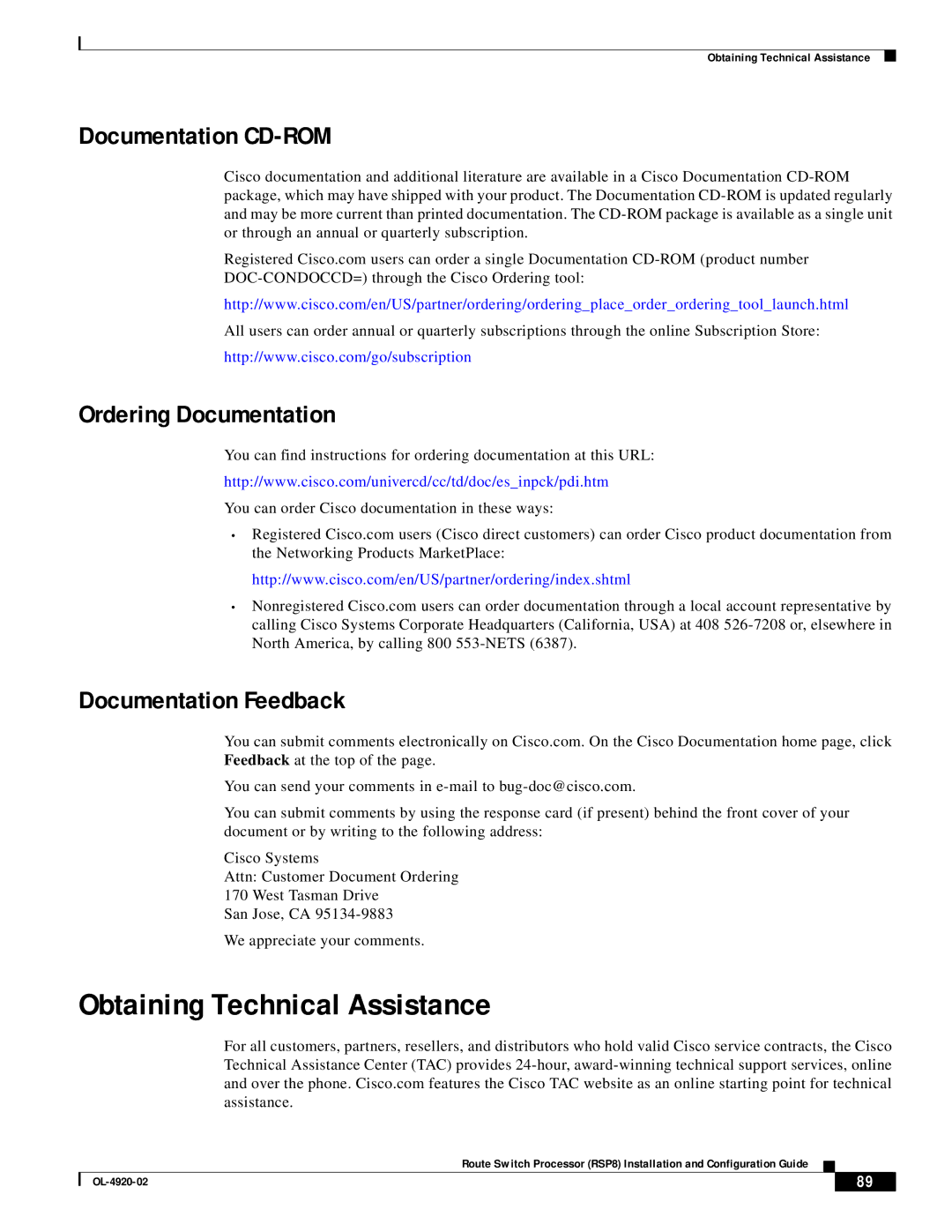 Cisco Systems RSP8 Obtaining Technical Assistance, Documentation CD-ROM, Ordering Documentation, Documentation Feedback 