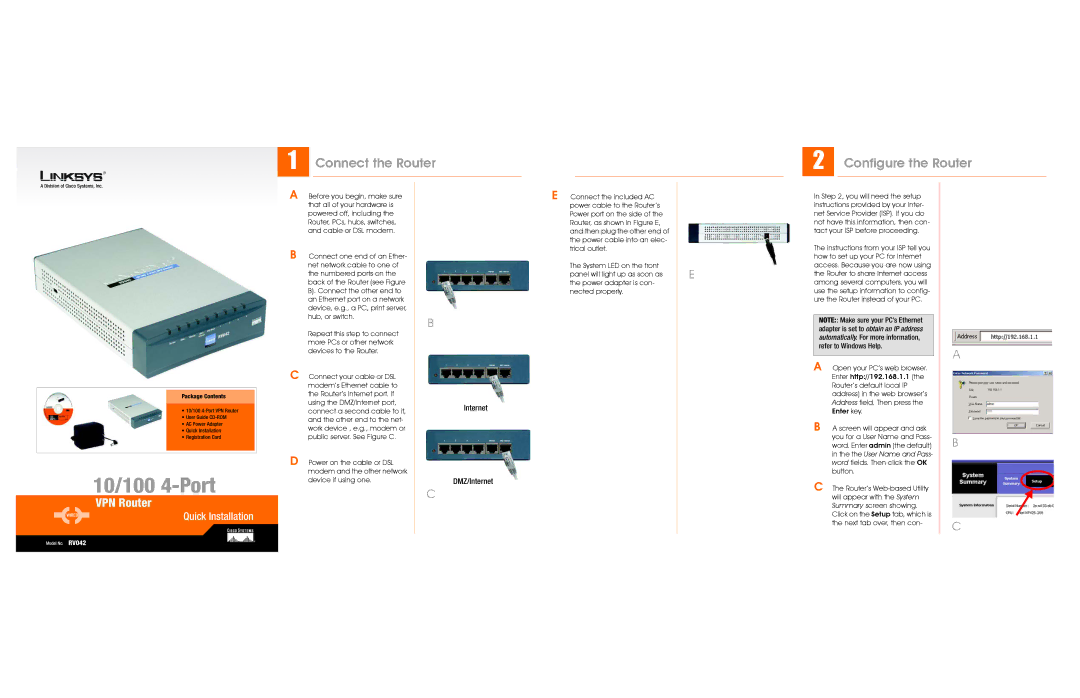 Cisco Systems RV042 manual Connect the Router Configure the Router, Internet DMZ/Internet 