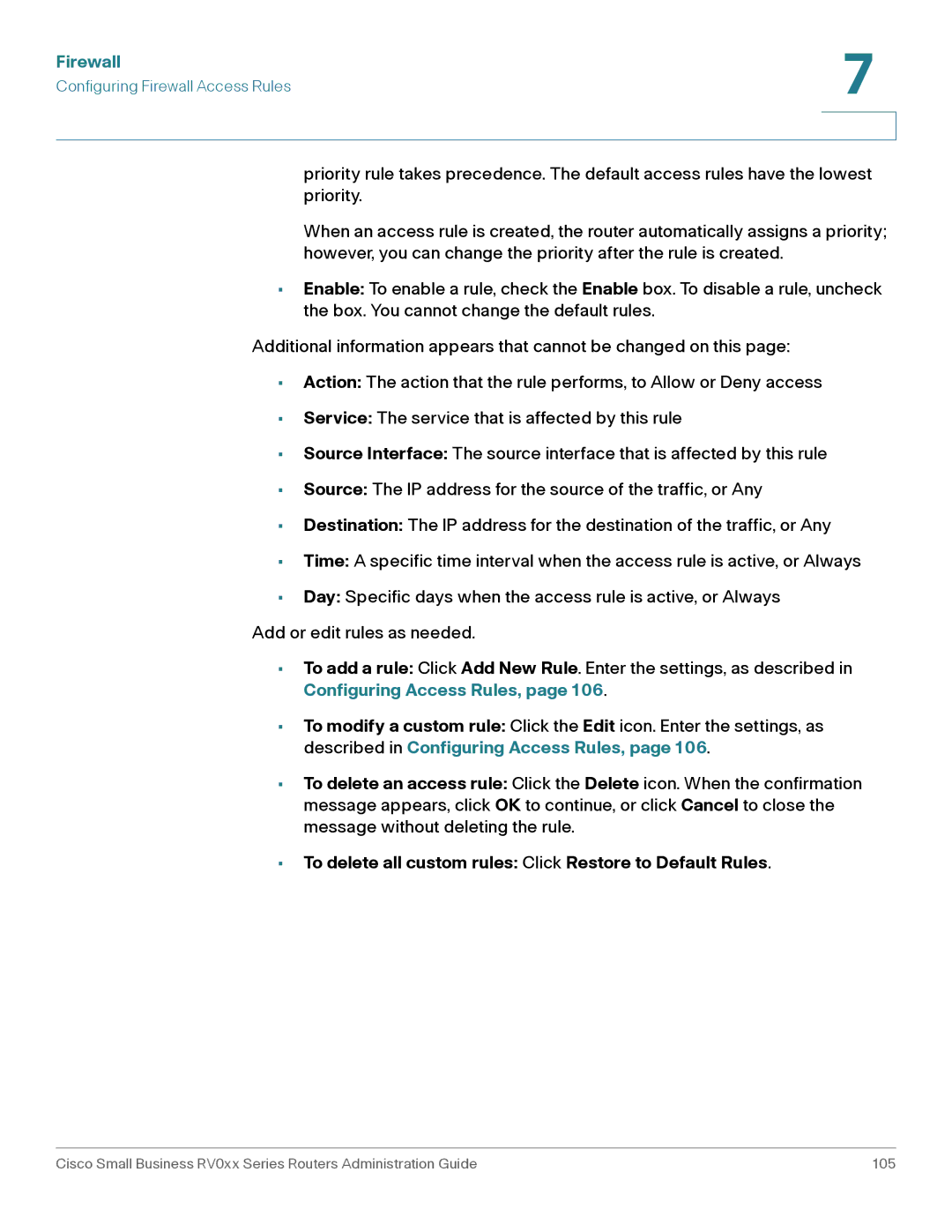 Cisco Systems RV016, RV042G manual To delete all custom rules Click Restore to Default Rules 