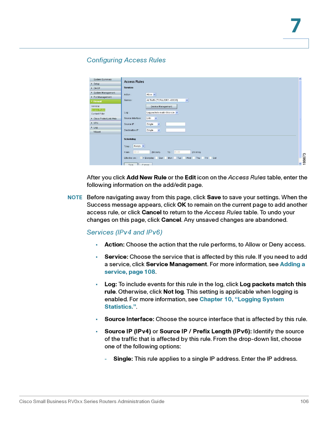 Cisco Systems RV042G, RV016 manual Configuring Access Rules, Services IPv4 and IPv6 