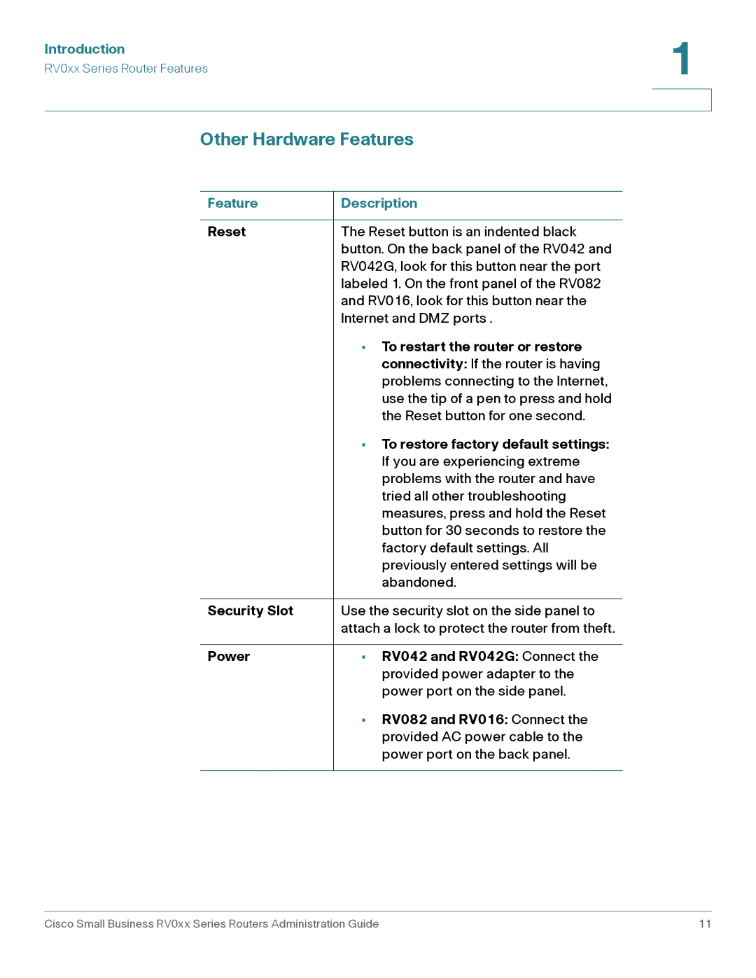 Cisco Systems RV016, RV042G manual Other Hardware Features, Feature Description 