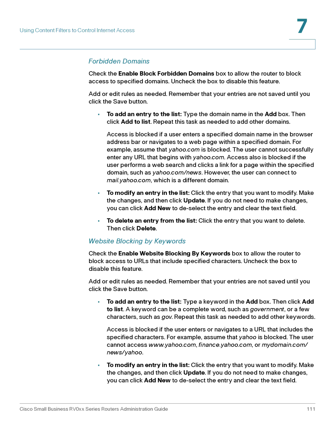 Cisco Systems RV016, RV042G manual Forbidden Domains, Website Blocking by Keywords 