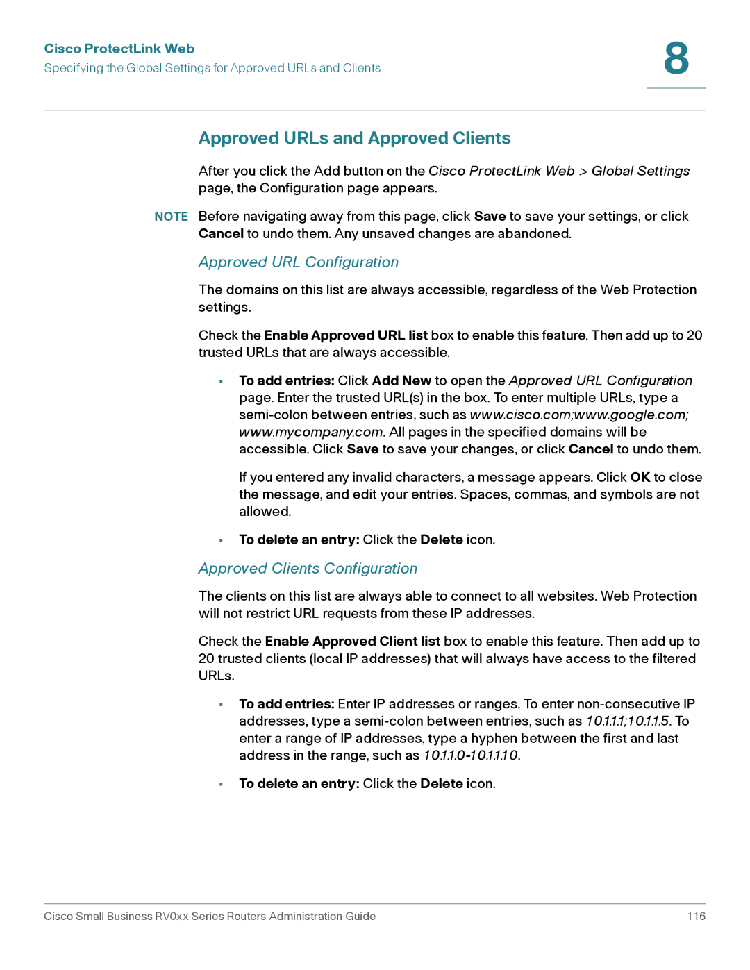 Cisco Systems RV042G, RV016 Approved URLs and Approved Clients, Approved URL Configuration, Approved Clients Configuration 