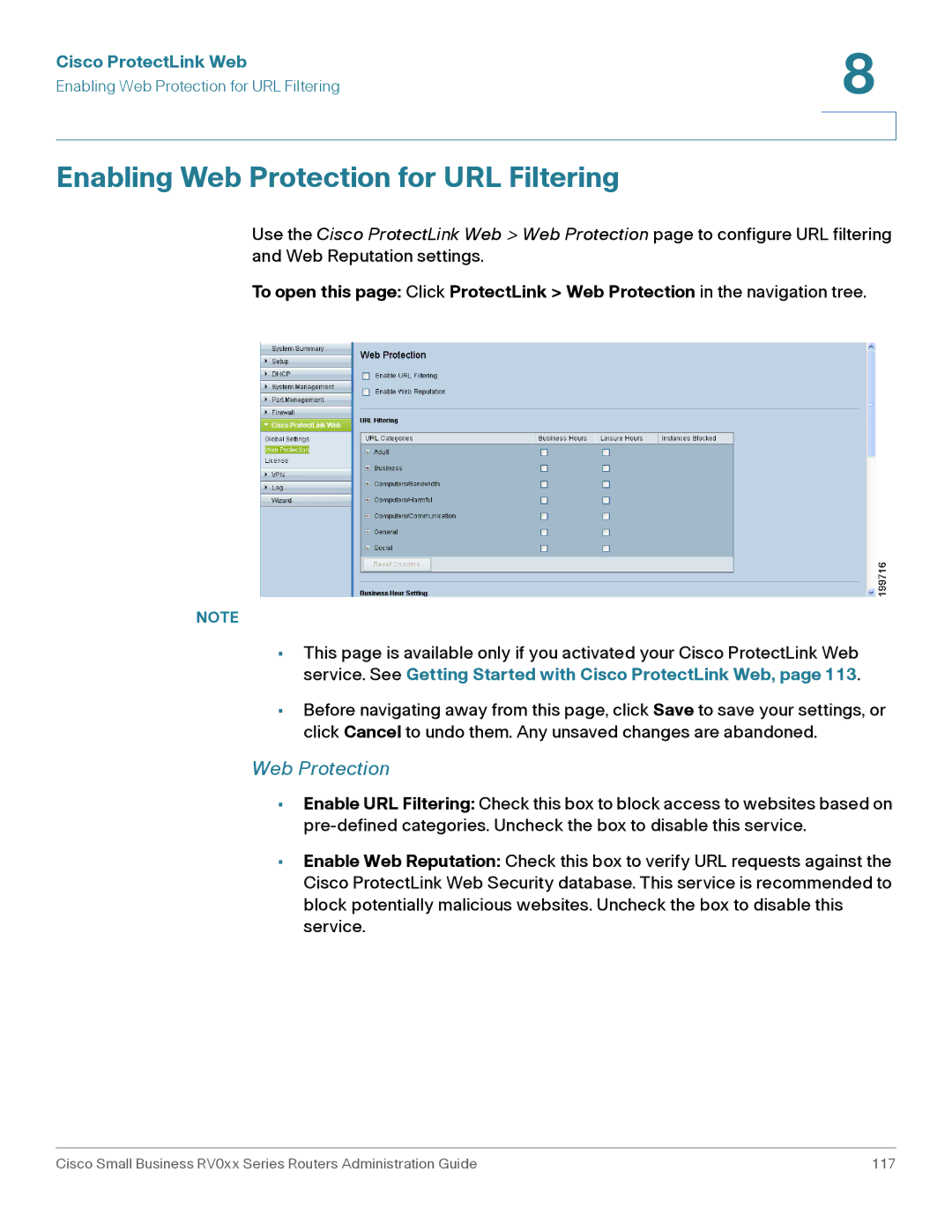 Cisco Systems RV016, RV042G manual Enabling Web Protection for URL Filtering 