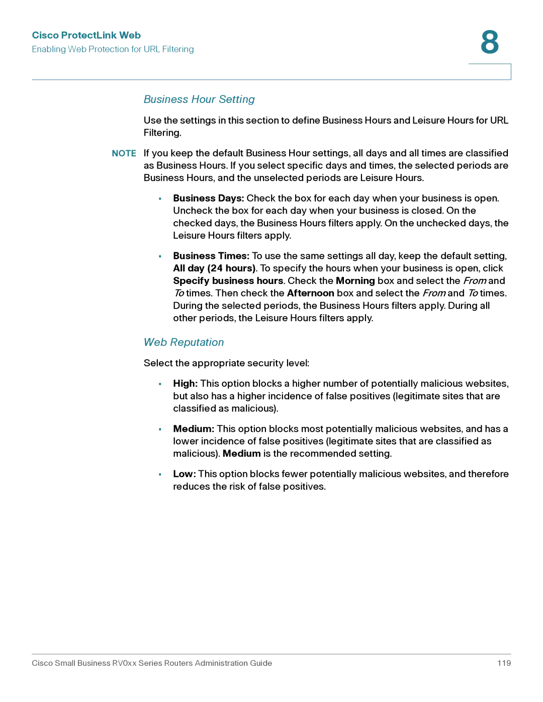 Cisco Systems RV016, RV042G manual Business Hour Setting, Web Reputation 