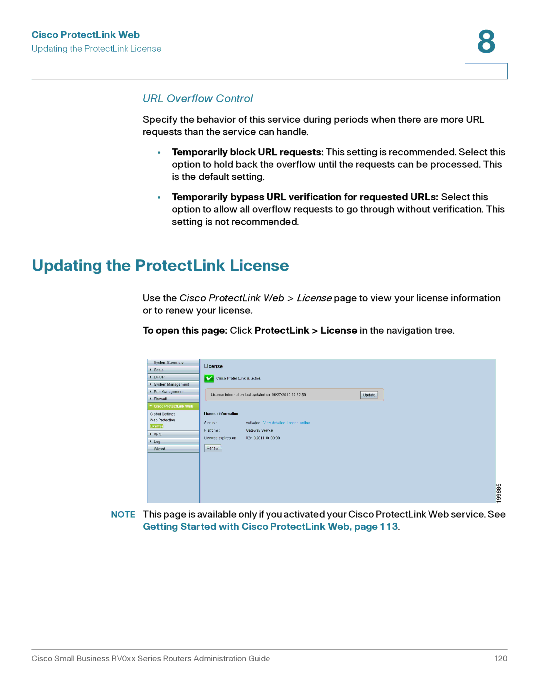 Cisco Systems RV042G, RV016 manual Updating the ProtectLink License, URL Overflow Control 