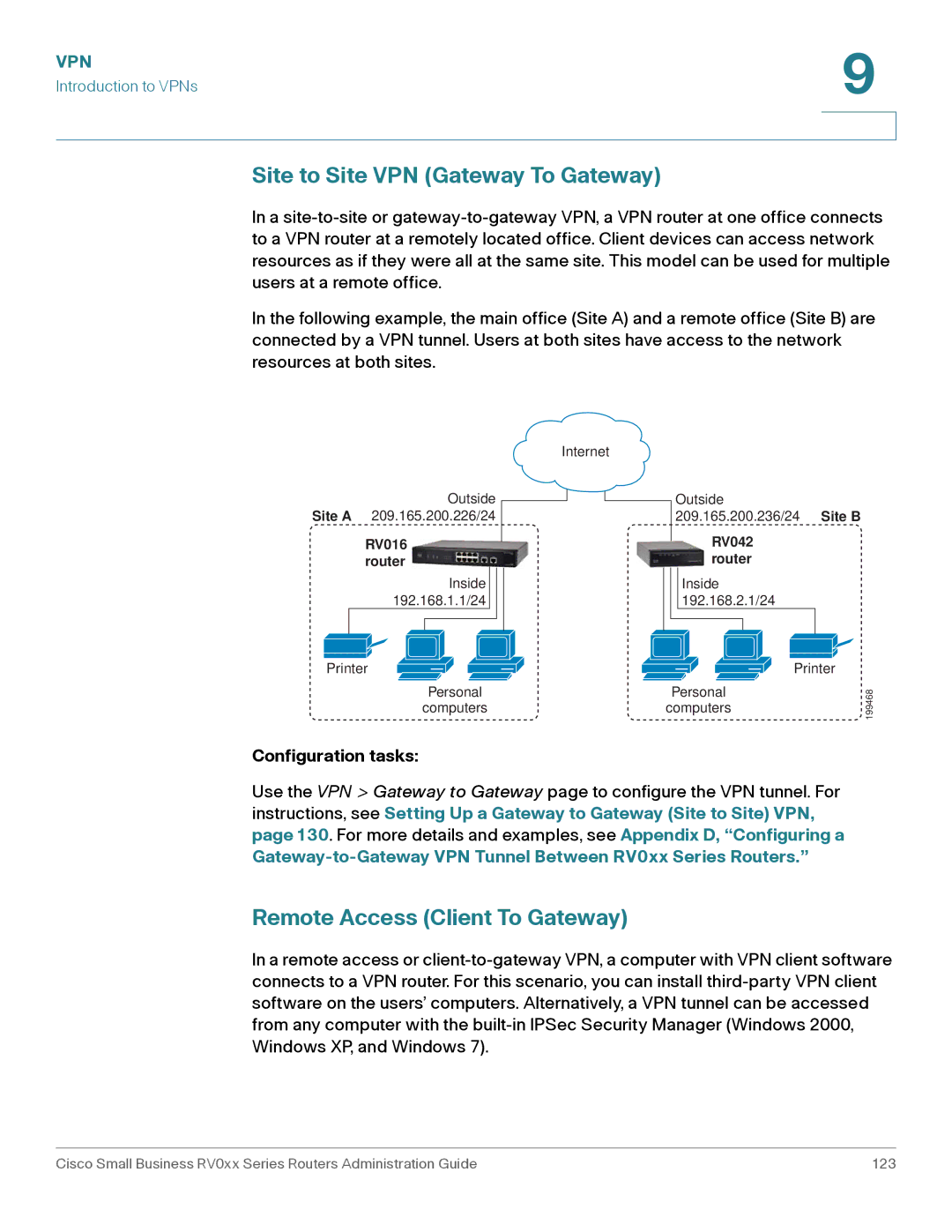 Cisco Systems RV016, RV042G manual Site to Site VPN Gateway To Gateway, Remote Access Client To Gateway, Configuration tasks 